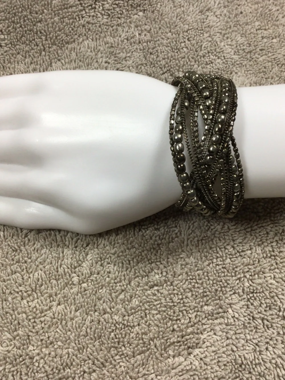 vintage-style metallic multi-strand bead cuff bracelet